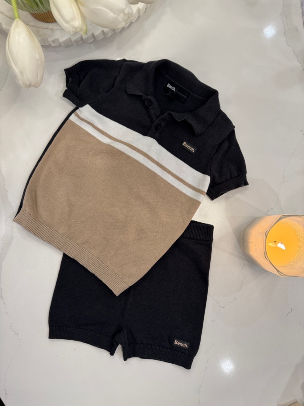 Bench Black, Tan & White Knit Polo Short Set